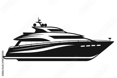 Silhouette of a sleek, modern yacht cruising smoothly upon the water surface, shown elegantly