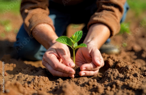 Obraz na płótnie Hands Planting Seedling. Person's hands gently holding young plant in soil with blurred garden background. Growth and nurturing concept. w salonie
