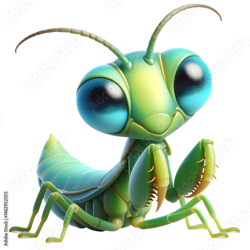 Cute 3D praying mantis isolated on white background