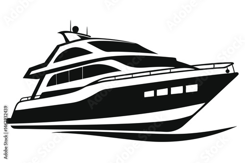 Sleek black and white yacht is sailing smoothly over the water gracefully forward