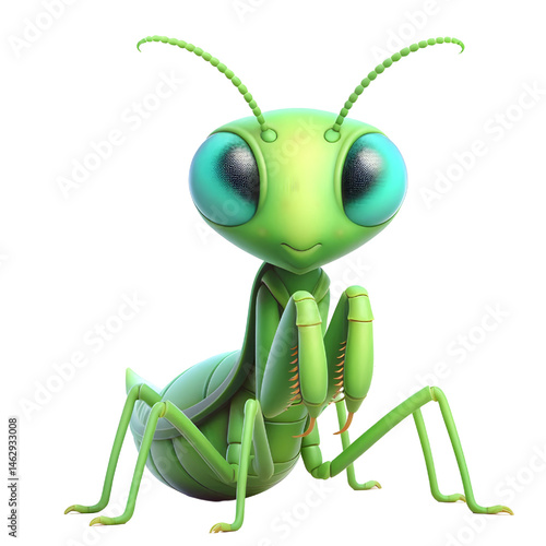 Cute 3D praying mantis isolated on white background