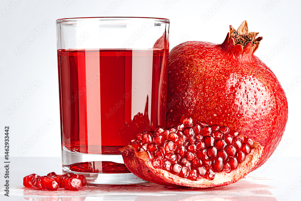 Verre de grenadine avec fruit, grenade entière et coupée