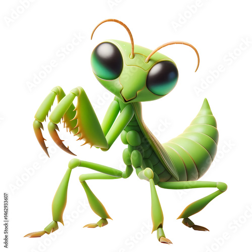 Cute 3D praying mantis isolated on white background