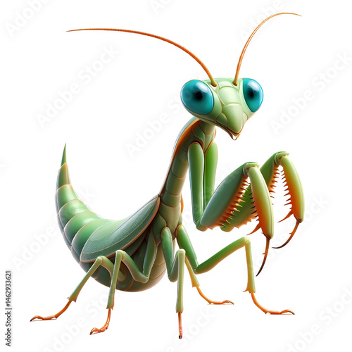 Cute 3D praying mantis isolated on white background