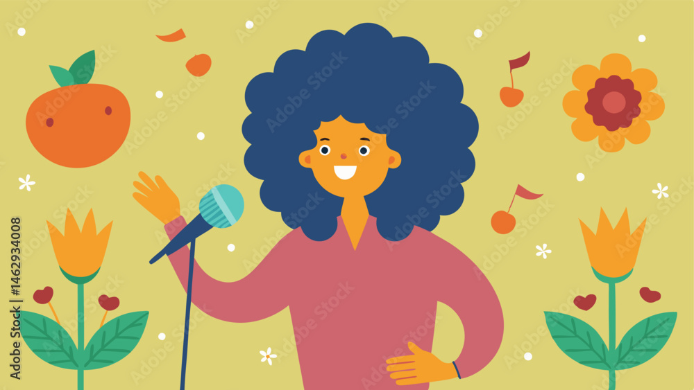 Garden Performance In a whimsical garden filled with flowers and butterflies a singer stands on a patch of grass using a massive carrot as a microphone. The singer with a head full Garden Performance In a whimsical garden filled with flowers and butterflies a singer stands on a patch of grass using a massive carrot as a microphone. The singer with a head full