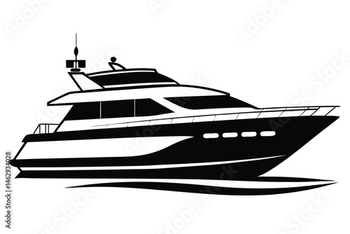 A modern luxury yacht sailing on a tranquil sea is presented in black and white