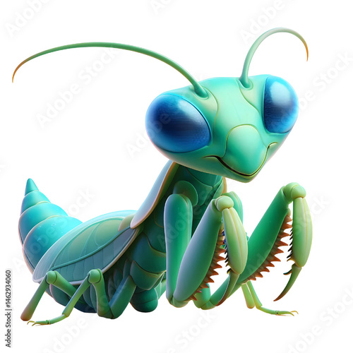 Cute 3D praying mantis isolated on white background