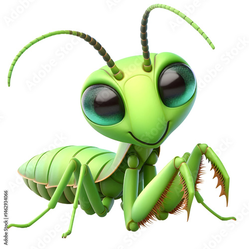 Cute 3D praying mantis isolated on white background