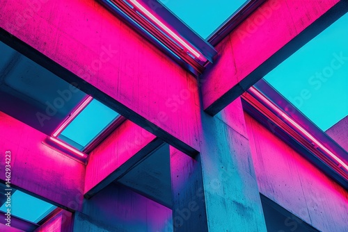 Intricate structure with vibrant neon illumination.