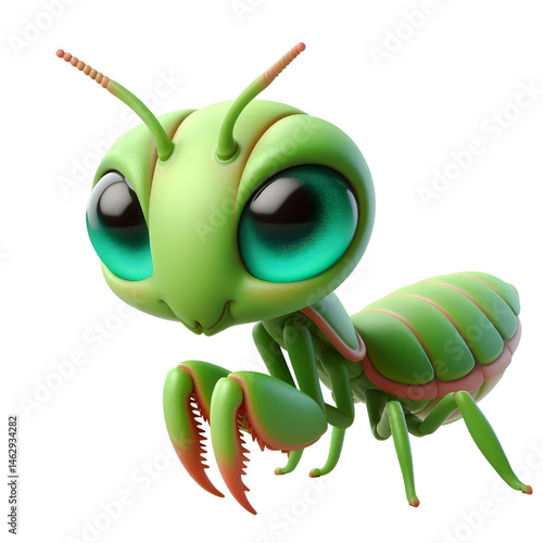 Cute 3D praying mantis isolated on white background