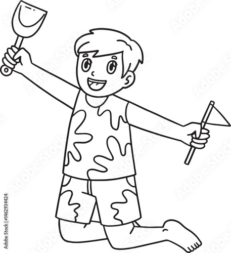 Swimming Boy Holding Shovel and Flag Isolated 