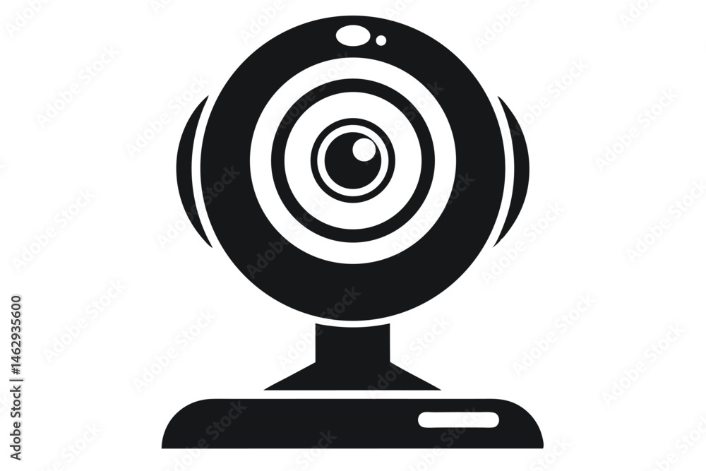 An icon shows a black circular webcam with a centered lens on a white background An icon shows a black circular webcam with a centered lens on a white background