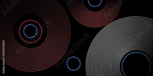 Abstract grey and red circle line vector on dark background. Modern simple overlap circle lines texture creative design. Suit for poster, cover, banner, flyer, brochure, presentation, website