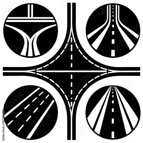 Silhouette Vector Black car road icons set. Highway symbols. Road signs. with white background