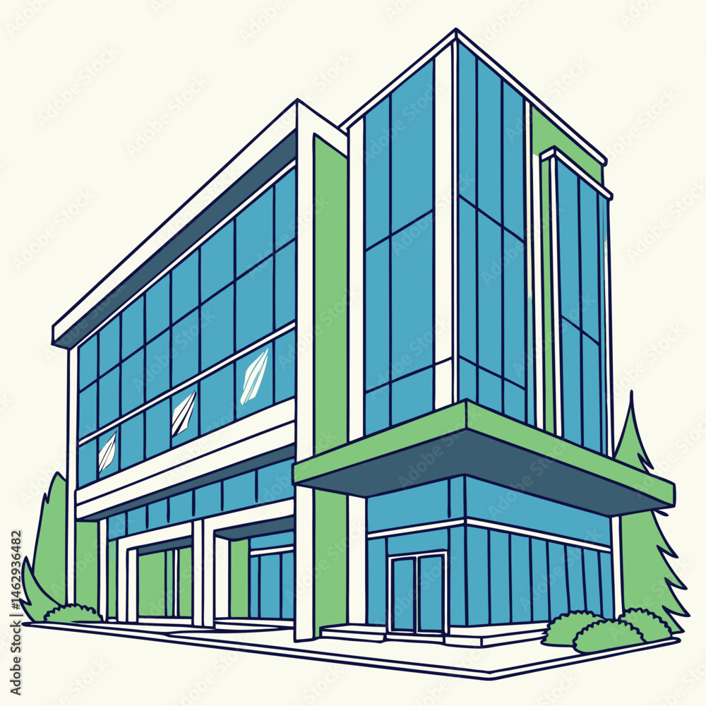 Fototapeta premium Futuristic Commercial Building Vector with Blue Glass and Green Touches