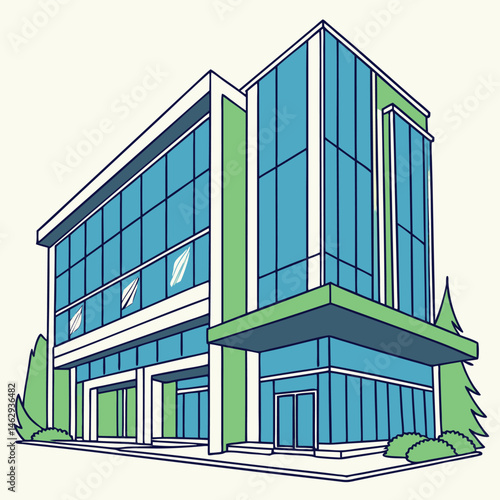 Futuristic Commercial Building Vector with Blue Glass and Green Touches