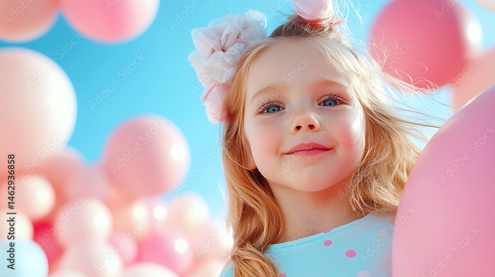 Happy Child Surrounded by Pink Balloons Happy Child Surrounded by Pink Balloons