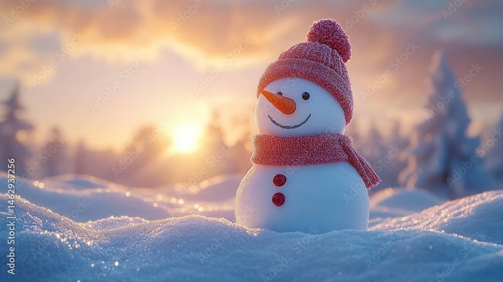 Obraz premium Smiling snowman in winter wonderland sunset
