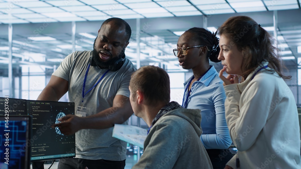 Technician doing brainstorming with colleagues to fix error in code affecting server room AI workloads. Team of artificial intelligence engineers repairing data center systems together, camera A