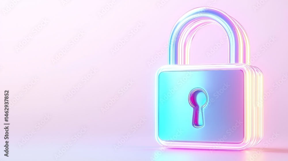 Iridescent Padlock on Pink Background Shows Digital Security Concept Iridescent Padlock on Pink Background Shows Digital Security Concept