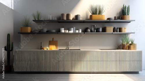 Minimal kitchen with modular cabinetry and floating storage  