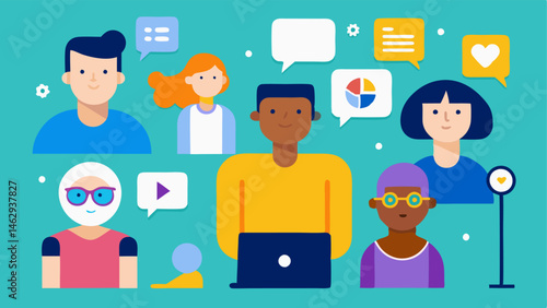 Inclusive Community A diverse group of friends depicted on a social media platform each using different tools and features e.g. a blind user with a braille display to connect