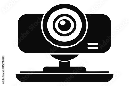 A black web camera with a center lens sits upon its stand design