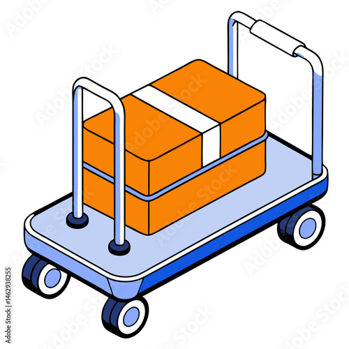 Isometric luggage cart illustration in orange and blue colors  - transportation, logistics