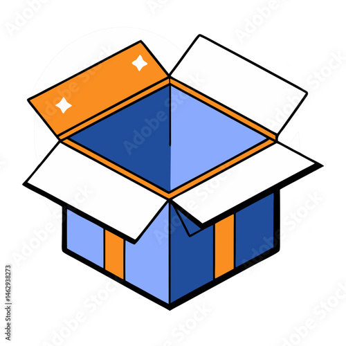 Isometric open box illustration in orange and blue colors - transportation, logistics