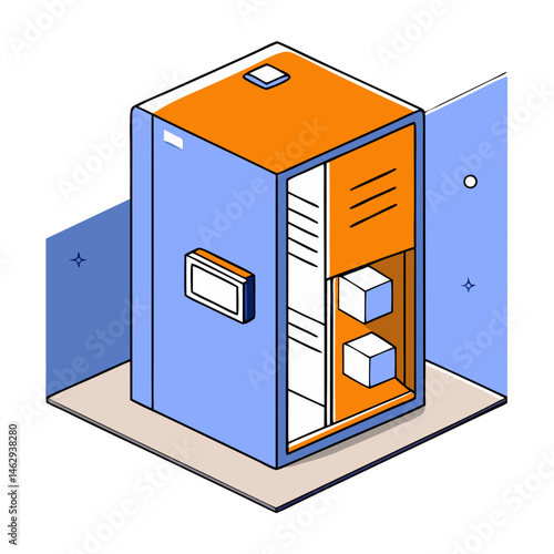 Isometric parcel locker illustration in orange and blue colors - transportation, logistics