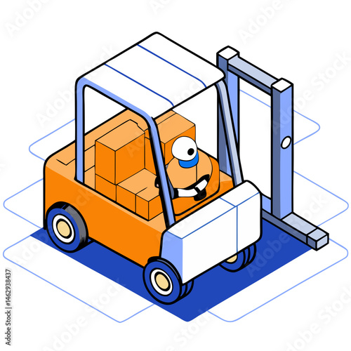 Isometric forklift illustration in orange and blue colors - transportation, logistics