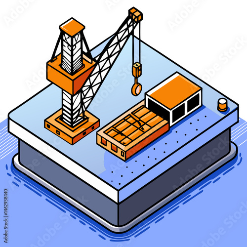Isometric dock crane illustration in orange and blue colors  - transportation, logistics - 2