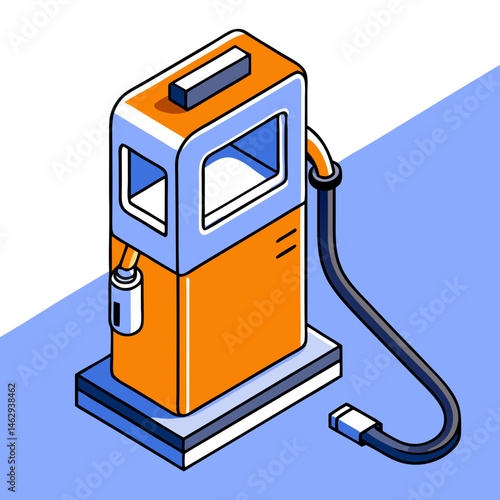 Isometric fuel pump illustration in orange and blue colors - transportation, logistics