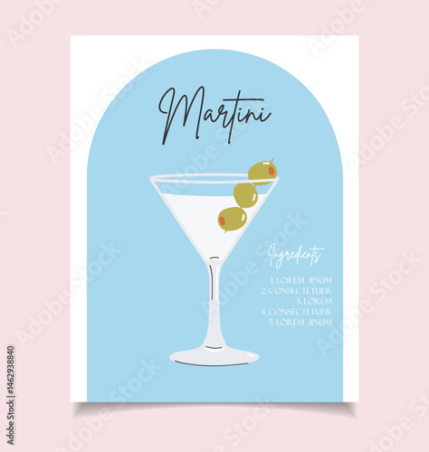 Summer drink poster cartoon flat. Martini cocktail recipe wall art. Trendy print
