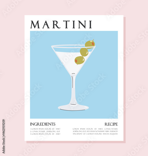 Summer drink poster cartoon flat. Martini cocktail recipe concept wall art. Trendy print
