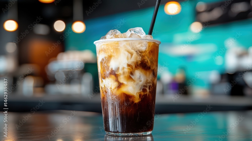 A refreshing iced coffee served in a transparent cup, showcasing the beautiful blend of coffee and cream swirling together amidst ice, promising a delightful beverage experience. A refreshing iced coffee served in a transparent cup, showcasing the beautiful blend of coffee and cream swirling together amidst ice, promising a delightful beverage experience.