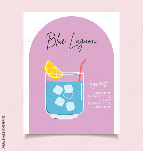 Summer drink poster cartoon flat. Blue Lagoon cocktail recipe wall art. Trendy print