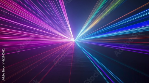 A colorful light show with purple, blue, and red lights. The lights are arranged in a way that they look like they are shooting out from a point. Scene is energetic and exciting
