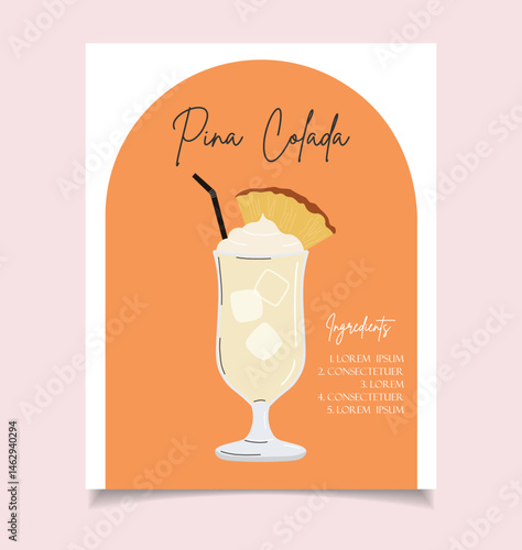 Summer drink poster cartoon flat. Pina Colada cocktail recipe wall art. Trendy print