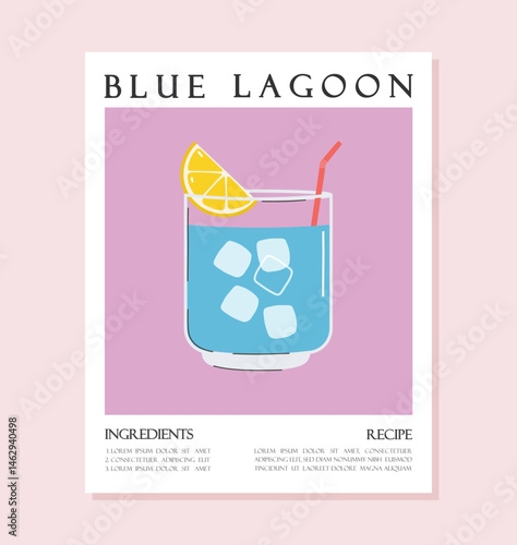 Summer drink poster cartoon flat. Blue Lagoon cocktail recipe concept wall art. Trendy print