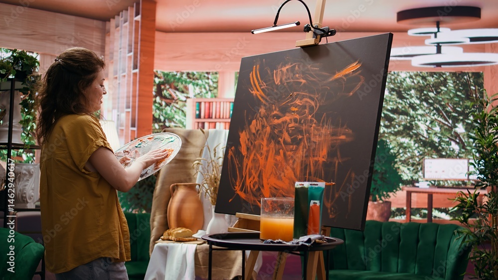 Confident artist stands before an easel and painting with her fingers, innovative finger paint and handprint technique for creating a beautiful artwork with watercolor paints. Rustic art. Camera B.