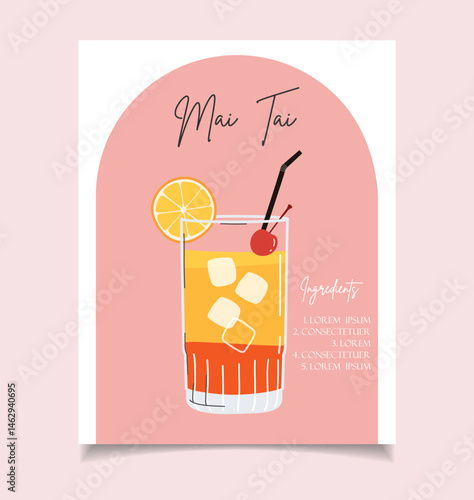 Summer drink poster cartoon flat. Mai Tai cocktail recipe wall art. Trendy print