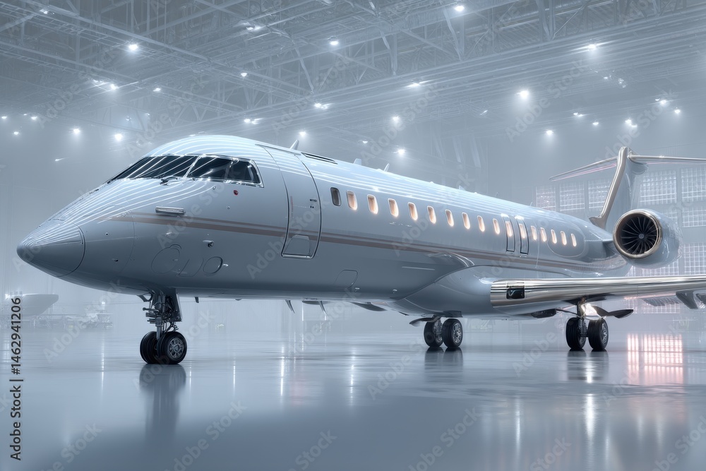 An elegant private jet parked in a modern hangar, showcasing its sleek design, silver exterior, and luxurious travel capabilities against bright industrial lighting. An elegant private jet parked in a modern hangar, showcasing its sleek design, silver exterior, and luxurious travel capabilities against bright industrial lighting.