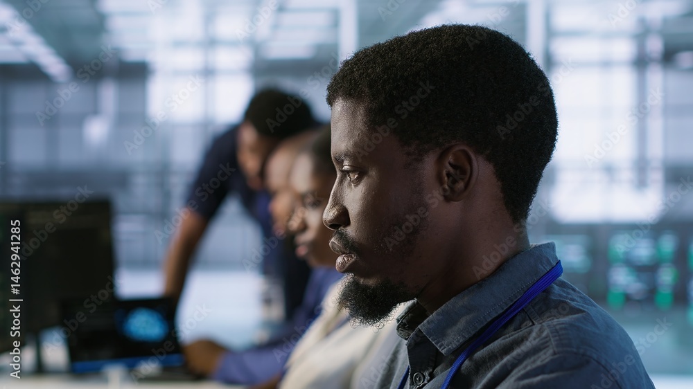 System administrators in data center implementing AI systems. Server farm specialists using artificial intelligence to identify hardware failures impacting operations, camera A handheld camera shot