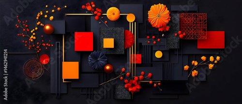Abstract Geometric Composition With Red Orange And Black Shapes