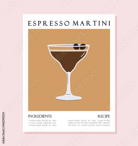Summer drink poster cartoon flat. Espresso Martini cocktail recipe concept wall art. Trendy print