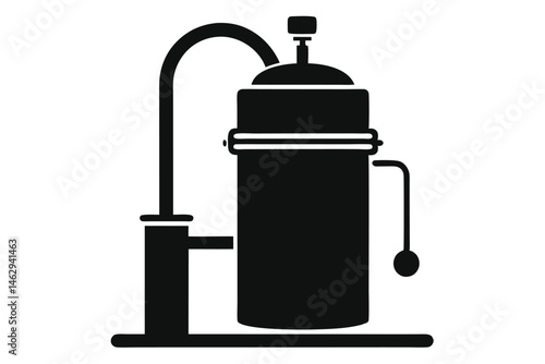 A vintage coffee maker with a lever stands elegantly in monochrome silhouette
