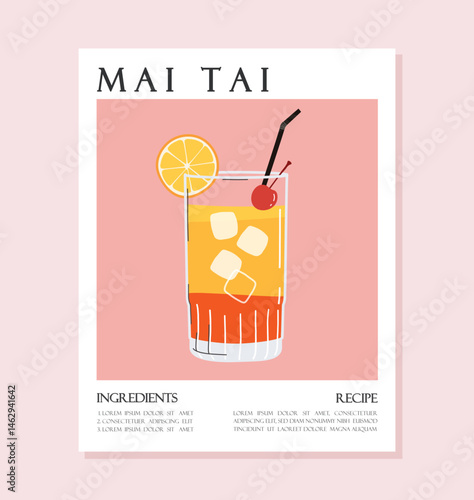 Summer drink poster cartoon flat. Mai Tai cocktail recipe concept wall art. Trendy print