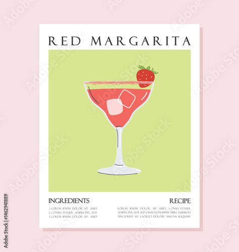 Summer drink poster cartoon flat. Strawberry Margarita cocktail recipe concept. Trendy print
