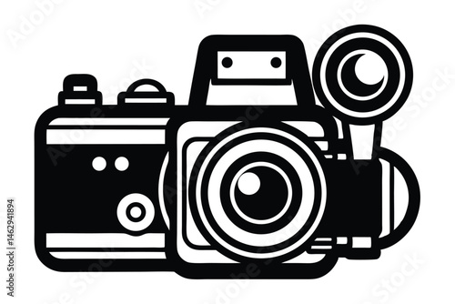 A retro camera with flash and lens is presented in minimalist black and white